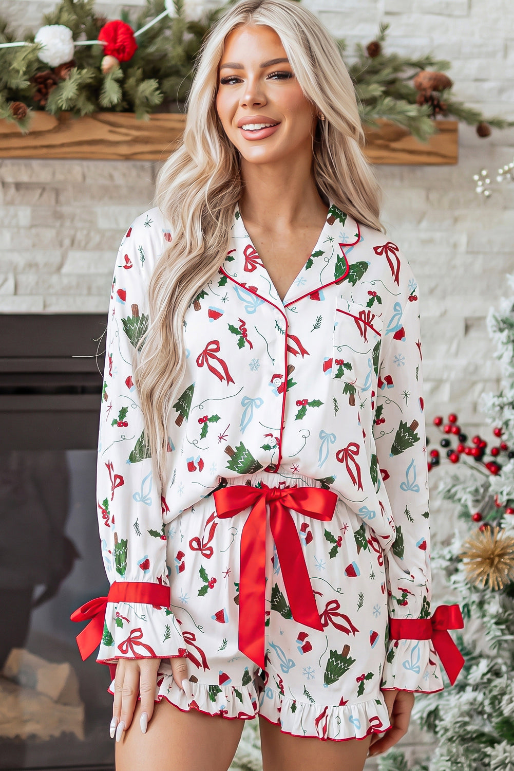 White Christmas Print Ruffle Cuff Long Sleeve Lounge Set-Loungewear & Sleepwear/Loungewear-[Adult]-[Female]-2022 Online Blue Zone Planet