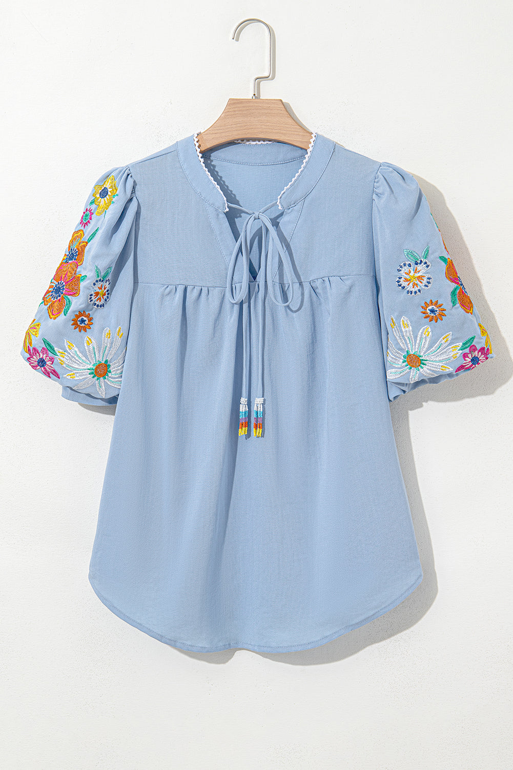Beau Blue Floral Embroidered Puff Sleeve Split Neck Blouse-Tops/Blouses & Shirts-[Adult]-[Female]-2022 Online Blue Zone Planet