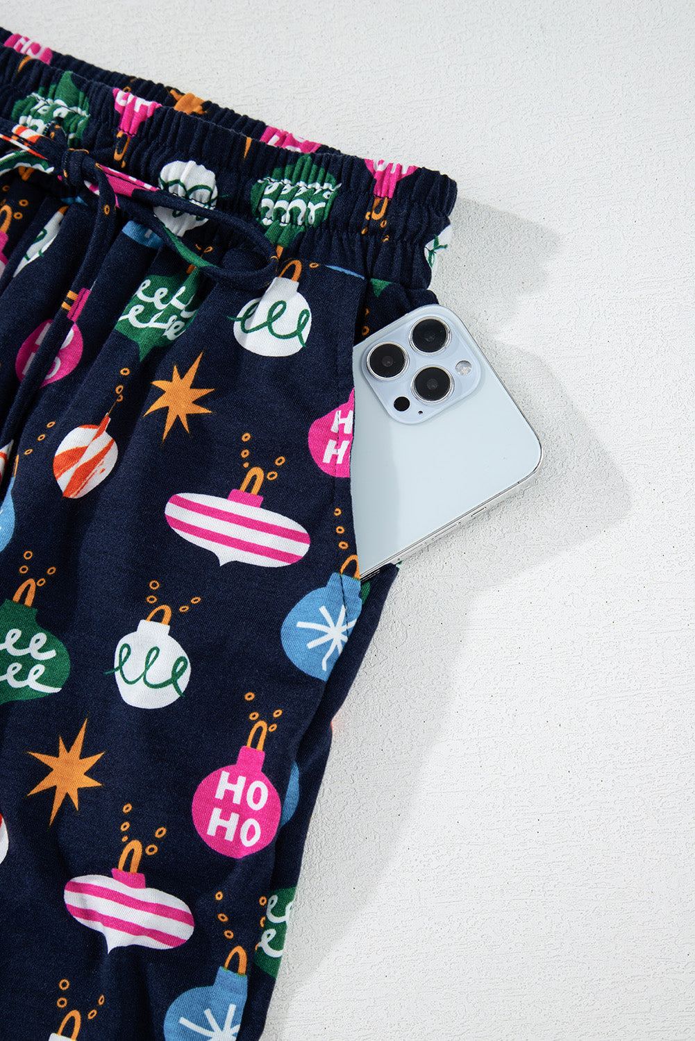 Blue Zone Planet | Navy Blue Colorful Christmas Lights Print Shirt and Pants Pajama Set-TOPS / DRESSES-[Adult]-[Female]-2022 Online Blue Zone Planet