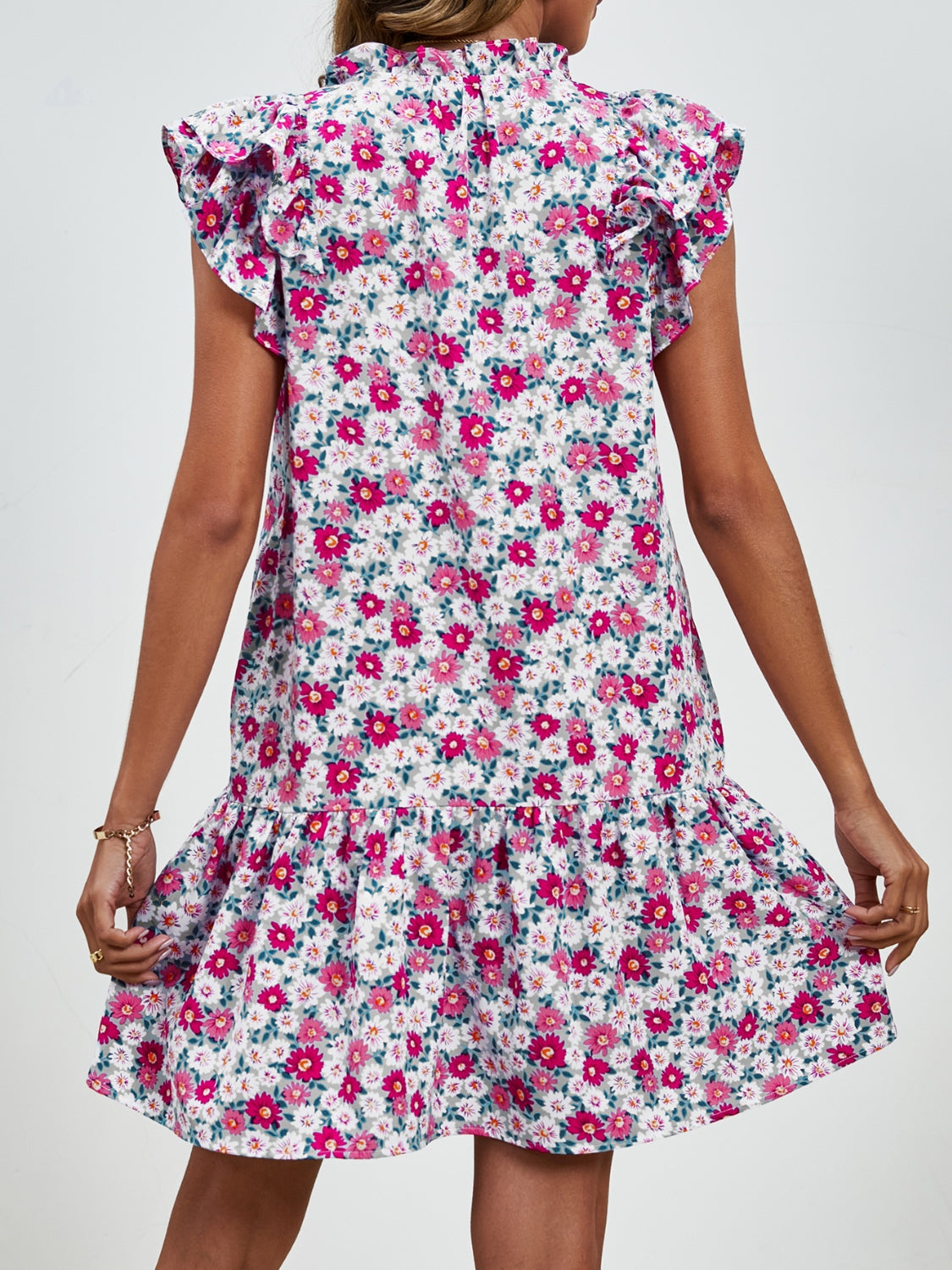 Tied Floral Cap Sleeve Mini Dress - Blue Zone Planet Hot Pink / L by Blue Zone Planet Tied Floral Cap Sleeve Mini Dress - Blue Zone Planet Hot Pink / L by Blue Zone Planet
