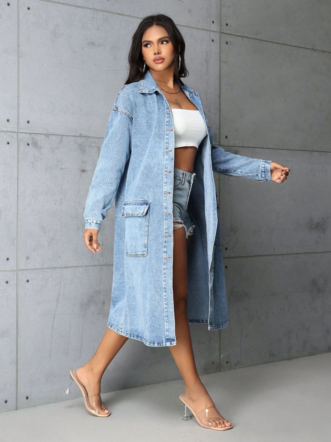 Pocketed Button Up Collared Neck Denim Top-TOPS / DRESSES-[Adult]-[Female]-2022 Online Blue Zone Planet