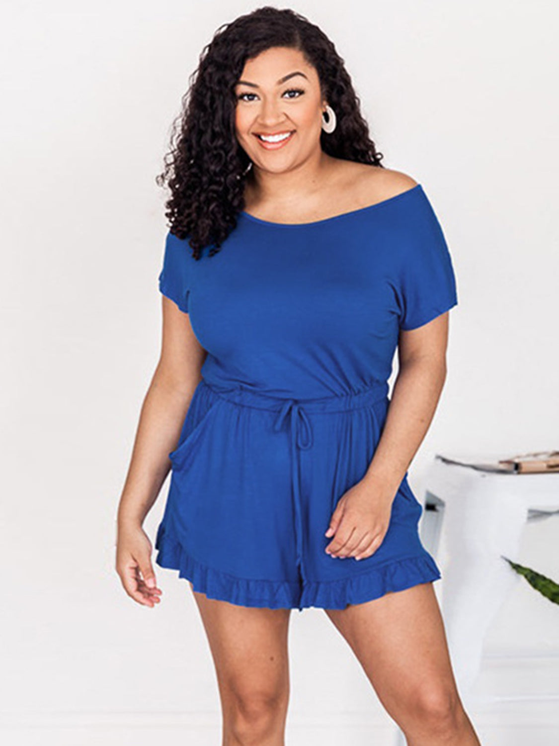 Blue Zone Planet | Ruffled Boat Neck Short Sleeve Romper-TOPS / DRESSES-[Adult]-[Female]-2022 Online Blue Zone Planet