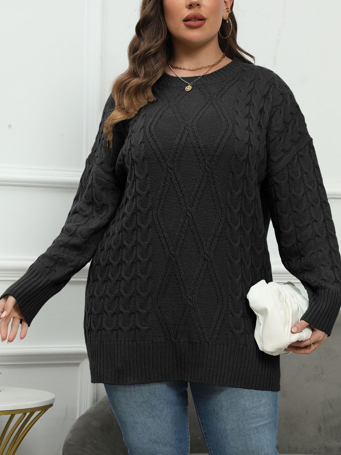 Plus Size Round Neck Long Sleeve Sweater-TOPS / DRESSES-[Adult]-[Female]-Black-0XL-2022 Online Blue Zone Planet