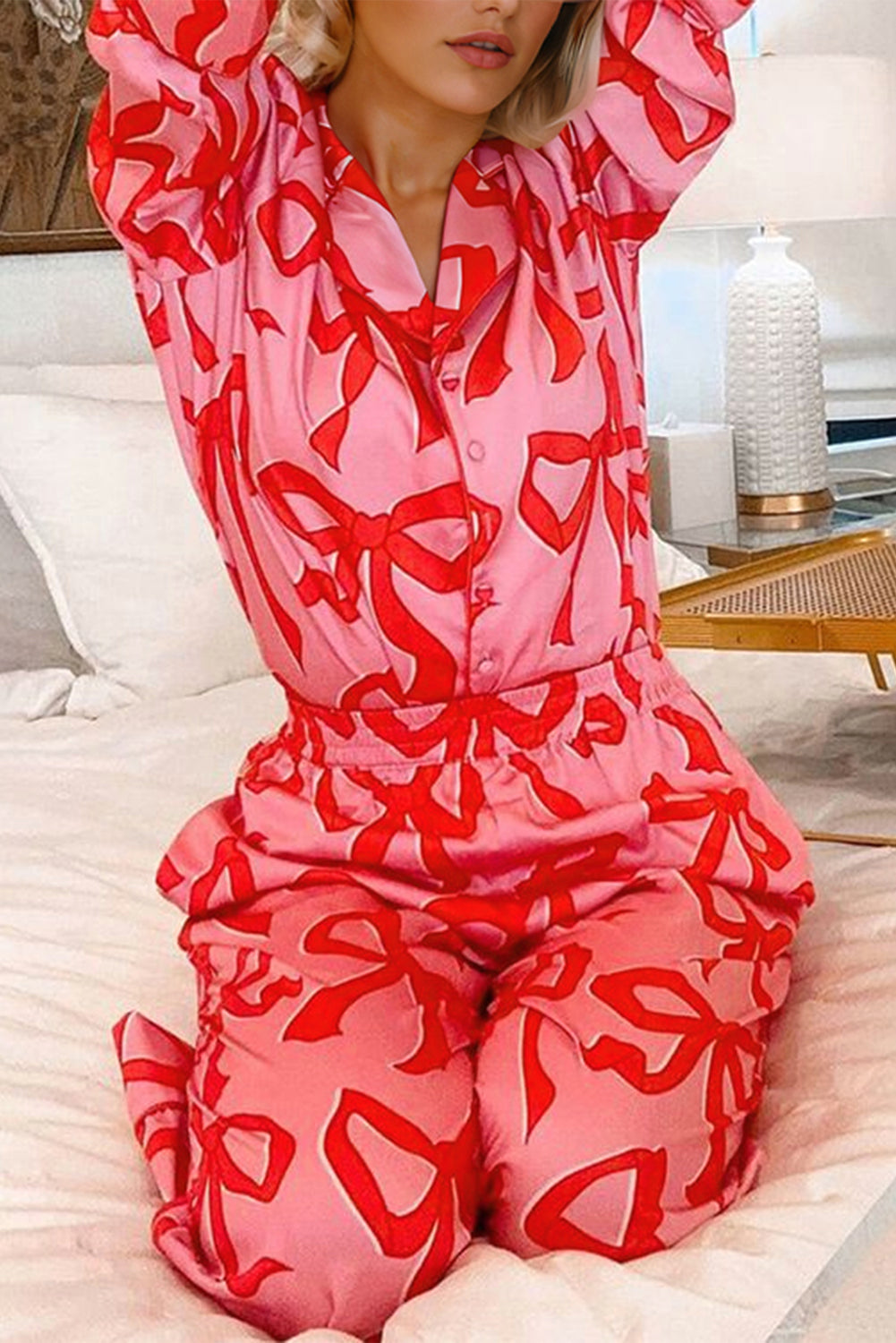 Pink 2pcs Bow Print Shirt Style Long Sleeve Pajama Set-Loungewear & Sleepwear/Sleepwear-[Adult]-[Female]-2022 Online Blue Zone Planet