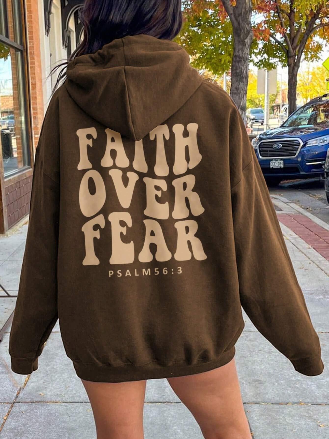 FAITH OVER FEAR Dropped Shoulder Hoodie-HOODIES-[Adult]-[Female]-Dark Brown-S-2022 Online Blue Zone Planet