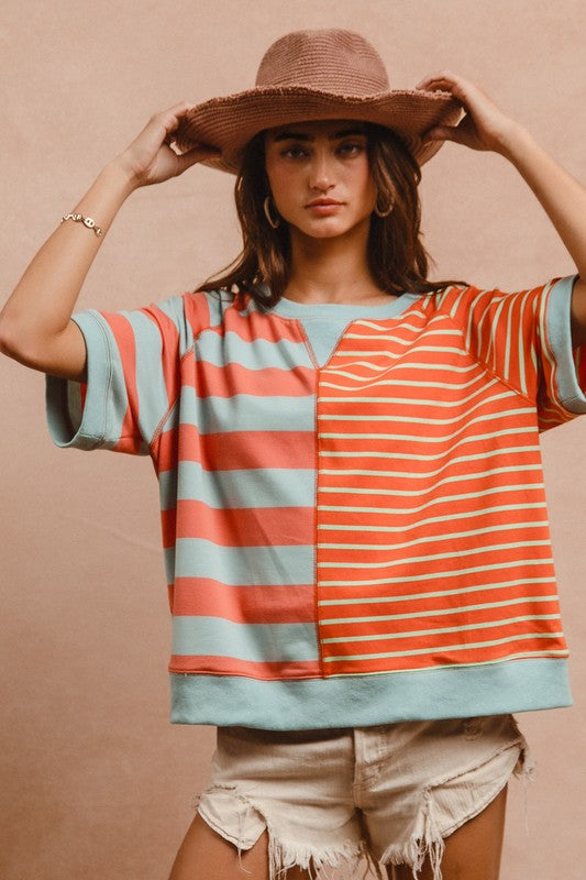 BiBi Striped Round Neck Half Sleeve French Terry Top-TOPS / DRESSES-[Adult]-[Female]-Coral/Blue-S-2022 Online Blue Zone Planet