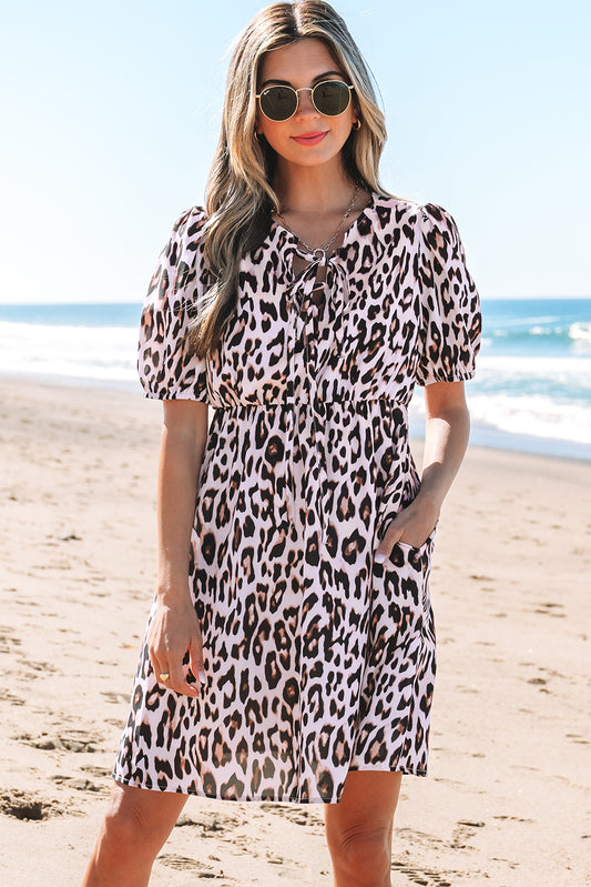Brown Leopard Tied Front Keyhole Puff Short Sleeve Mini Dress-TOPS / DRESSES-[Adult]-[Female]-Brown-S-2022 Online Blue Zone Planet