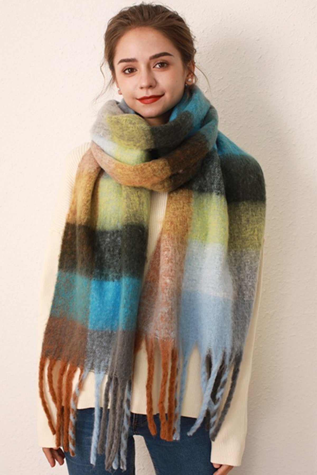 Thermal Fringe Contrast Plaid Scarf-SCARVES-[Adult]-[Female]-Gray/Blue grid-One Size-2022 Online Blue Zone Planet