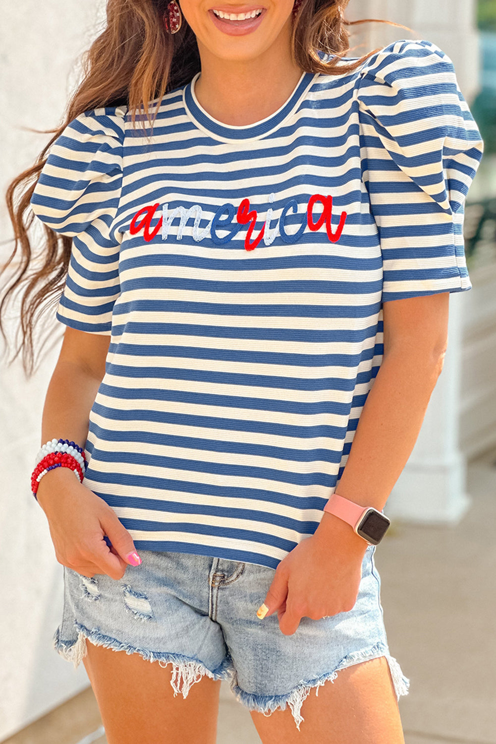 Blue Stripe America Cursive Graphic Puff Sleeve T-shirt-Tops/Tops & Tees-[Adult]-[Female]-Blue Stripe-S-2022 Online Blue Zone Planet