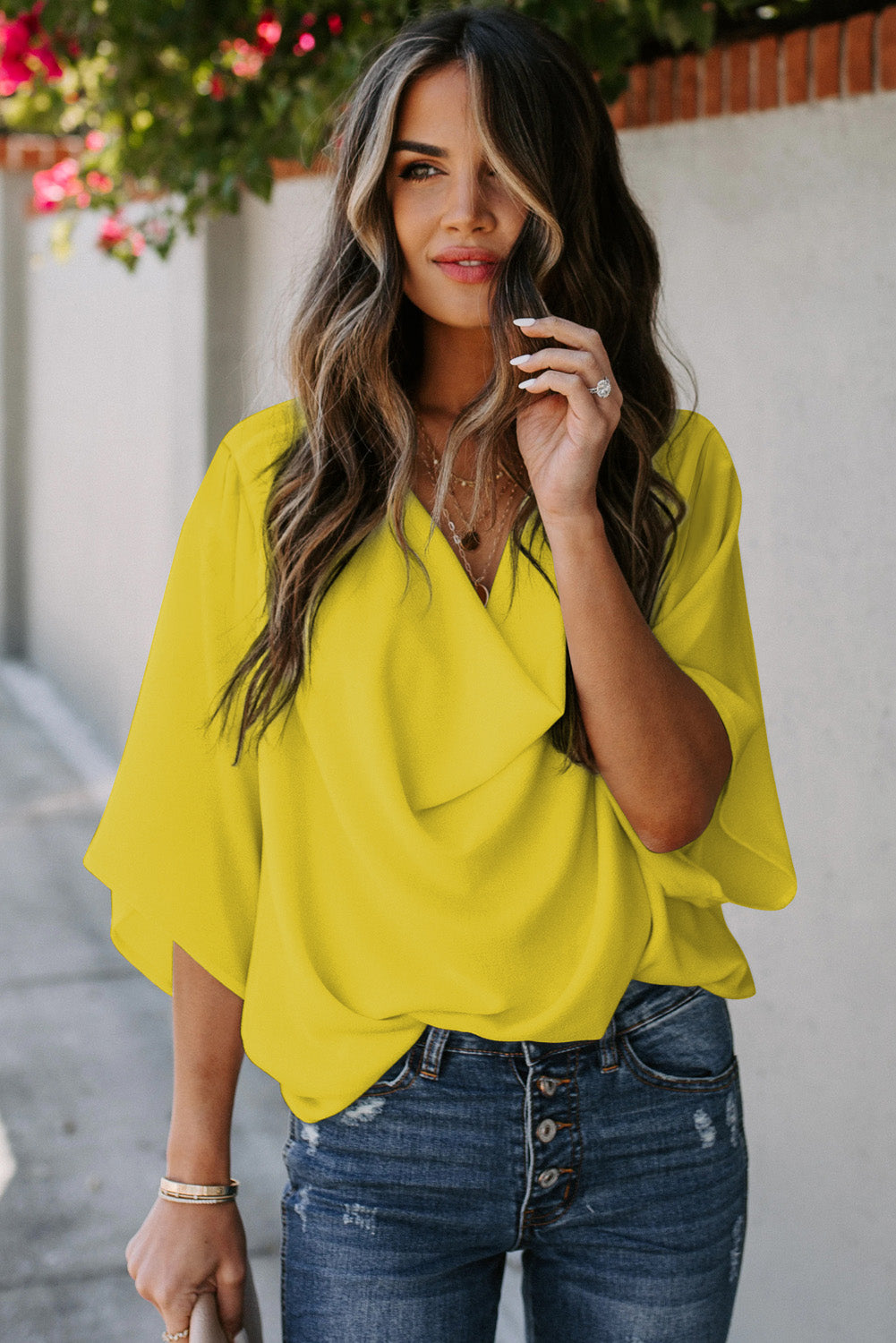 Golden Glow Women's Casual Summer Sleeve Wrap V Neck Draped Blouses-Tops/Blouses & Shirts-[Adult]-[Female]-2022 Online Blue Zone Planet