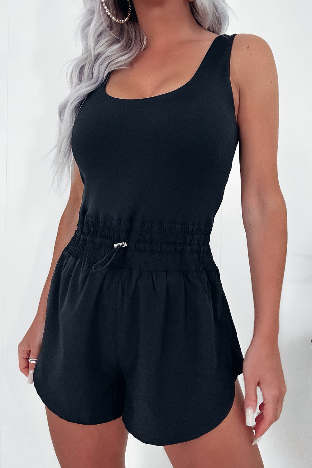 Black Plain Sleeveless Loop Drawstring Cinched Waist Romper-Bottoms/Jumpsuits & Rompers-[Adult]-[Female]-2022 Online Blue Zone Planet
