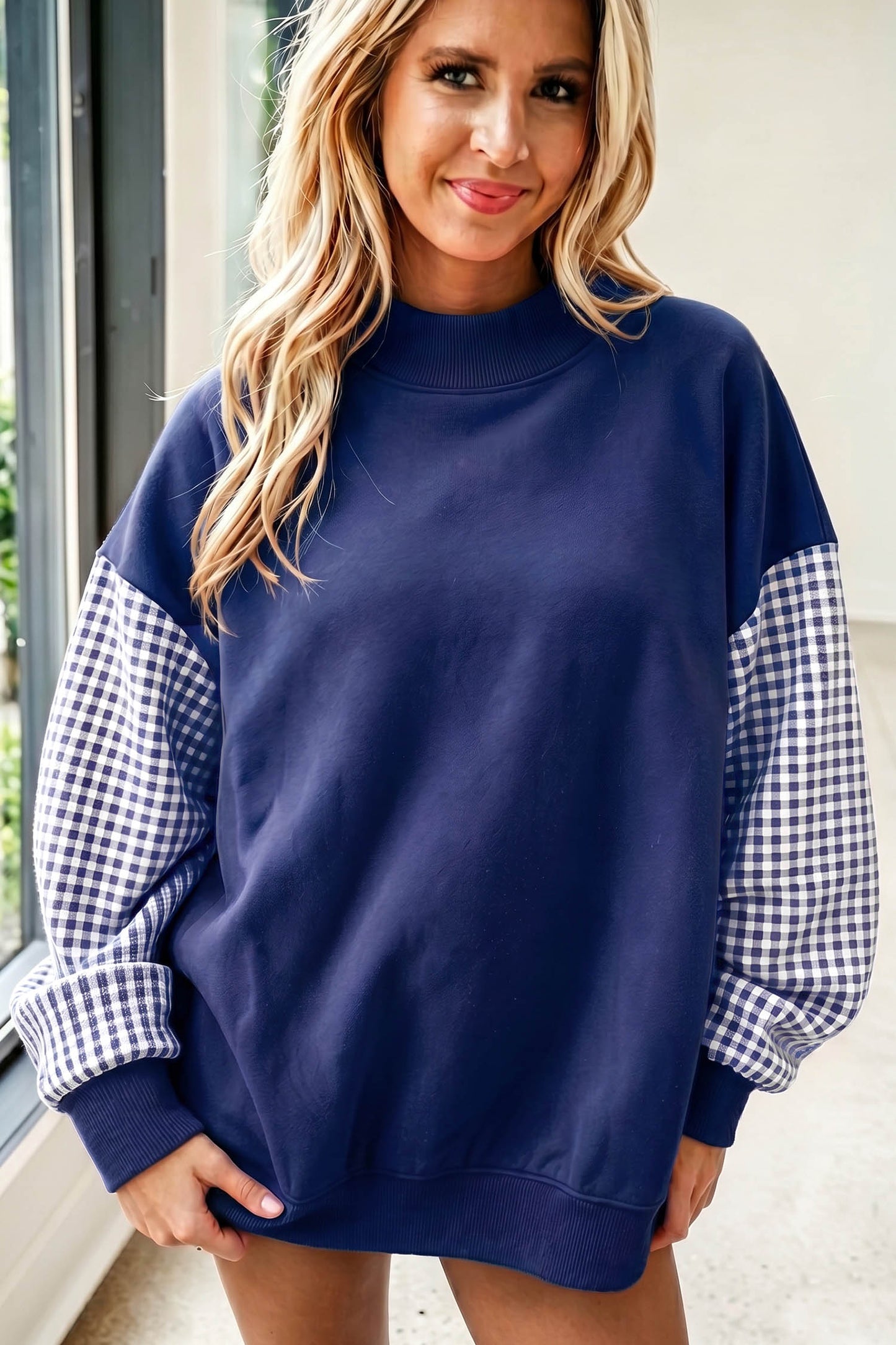 Coffee Plaid Sleeve Colorblock Loose Tunic Sweatshirt