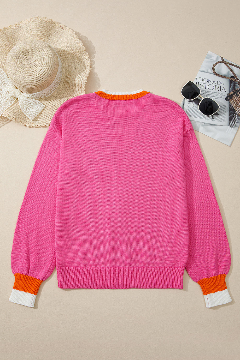 Sachet Pink Contrast Crew Neck Pearled Decor Drop Shoulder Knit Sweater-TOPS / DRESSES-[Adult]-[Female]-2022 Online Blue Zone Planet