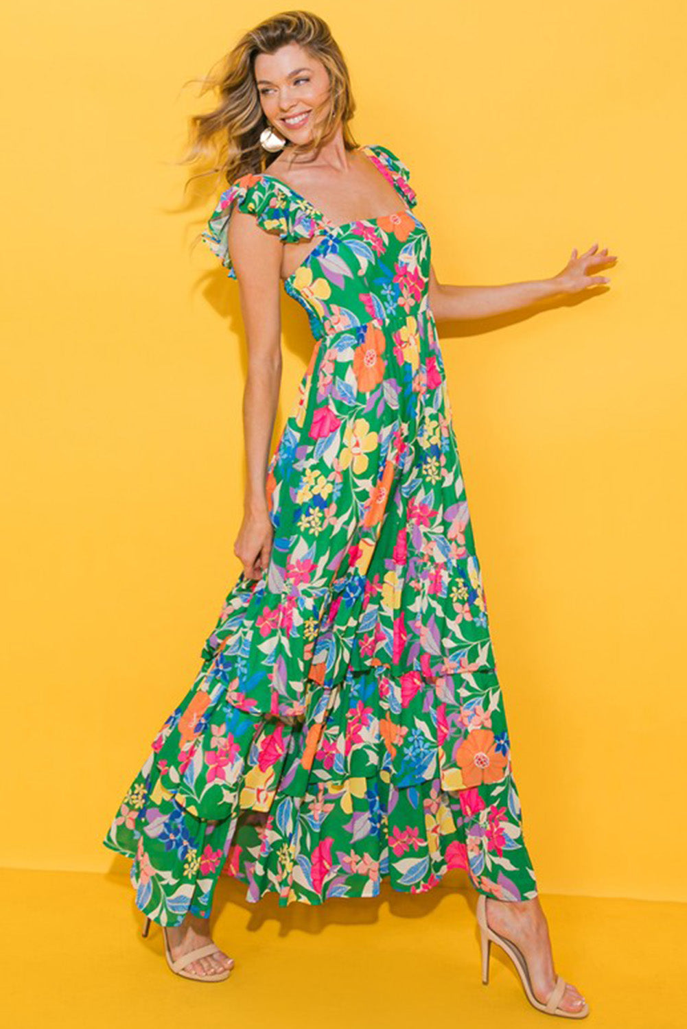 Blue Zone Planet |  Green Floral Print Sleeveless Ruffle Tiered Maxi Dress Blue Zone Planet