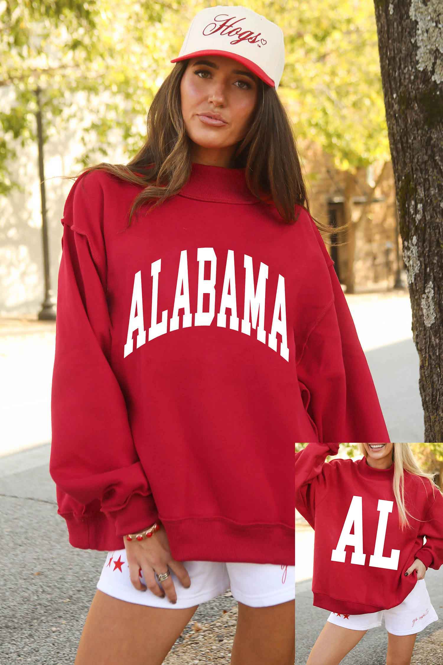 Racing Red ALABAMA/ AL Double Side Printed High Neck Reversible Baggy Sweatshirt-Graphic/Graphic Sweatshirts-[Adult]-[Female]-2022 Online Blue Zone Planet
