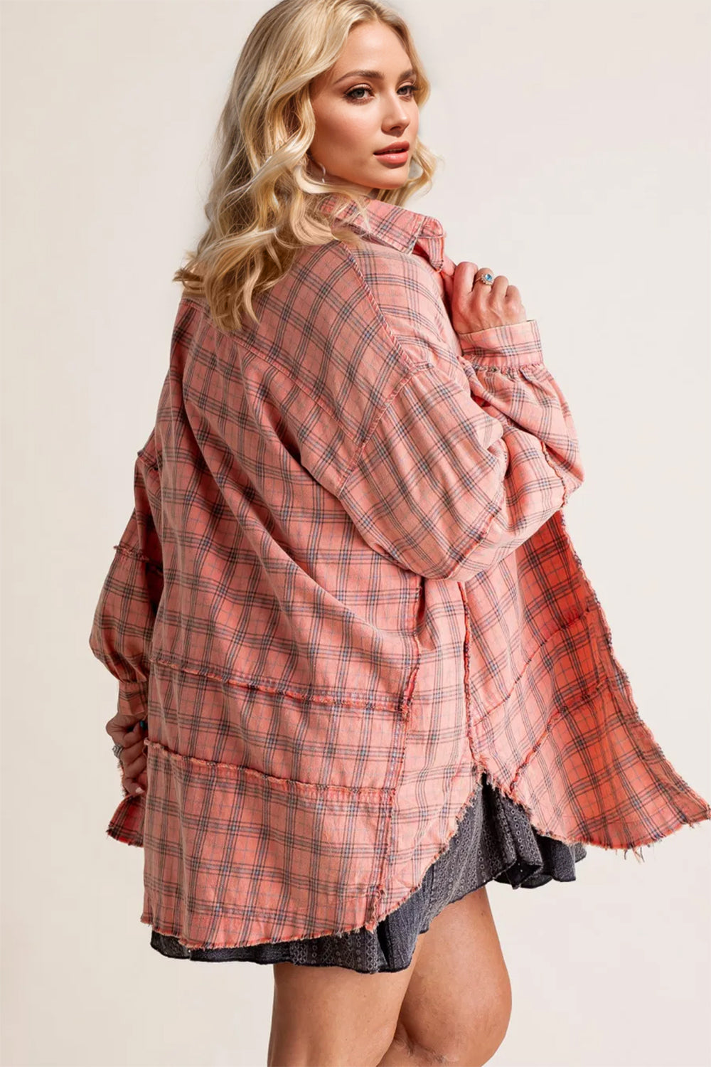 Blue Zone Planet | Exposed Seam Plaid Collared Neck Long Sleeve Shirt-SWEATERS-[Adult]-[Female]-2022 Online Blue Zone Planet