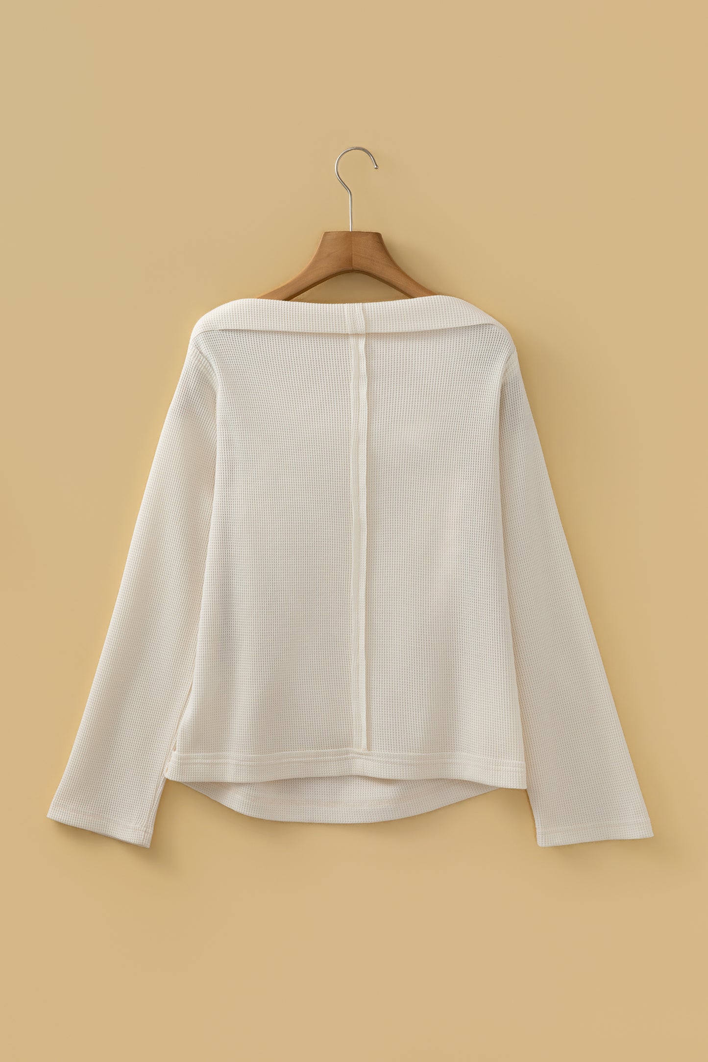 Old Rose Solid Color Waffle Knit Asymmetric Neck Long Sleeve Top-Tops/Long Sleeve Tops-[Adult]-[Female]-2022 Online Blue Zone Planet