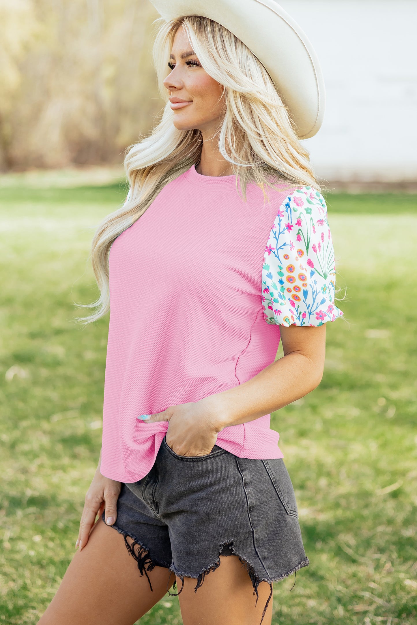 Pink Round Neck Textured Contrast Floral Bubble Sleeve Blouse-Tops/Blouses & Shirts-[Adult]-[Female]-2022 Online Blue Zone Planet