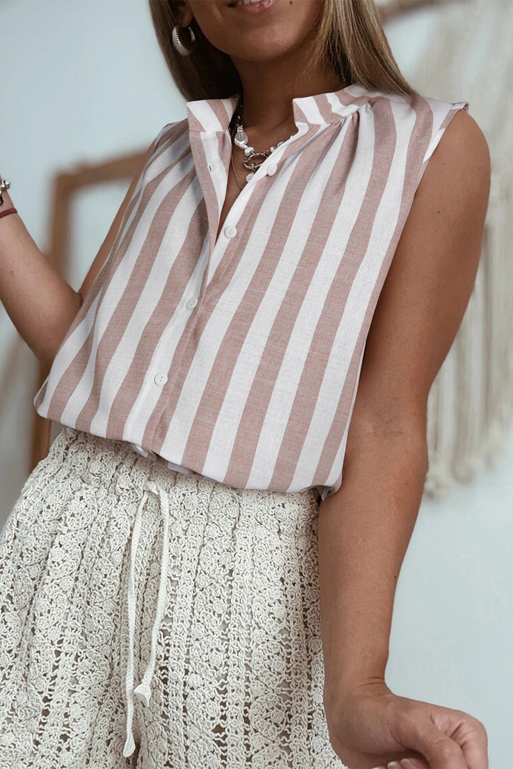 Khaki Stripe Casual Button Down Sleeveless Shirt-Tops/Blouses & Shirts-[Adult]-[Female]-2022 Online Blue Zone Planet