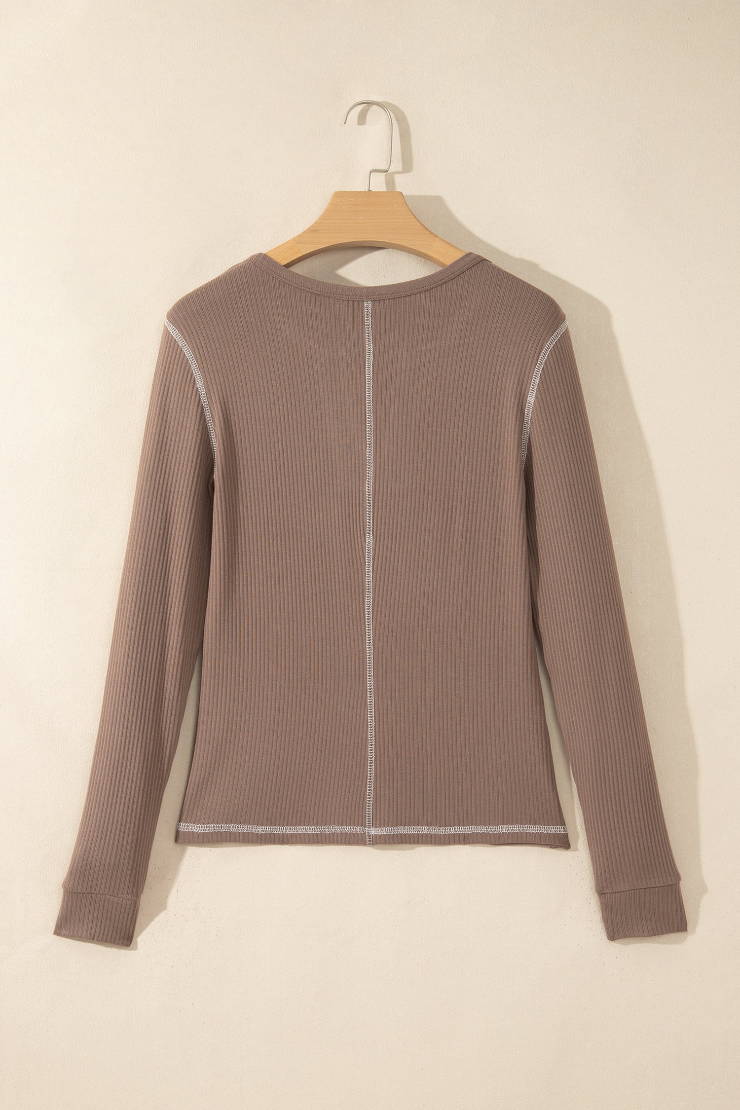 Dark Khaki V Neck Ribbed Stitched Detail Long Sleeve Top-Tops/Long Sleeve Tops-[Adult]-[Female]-2022 Online Blue Zone Planet