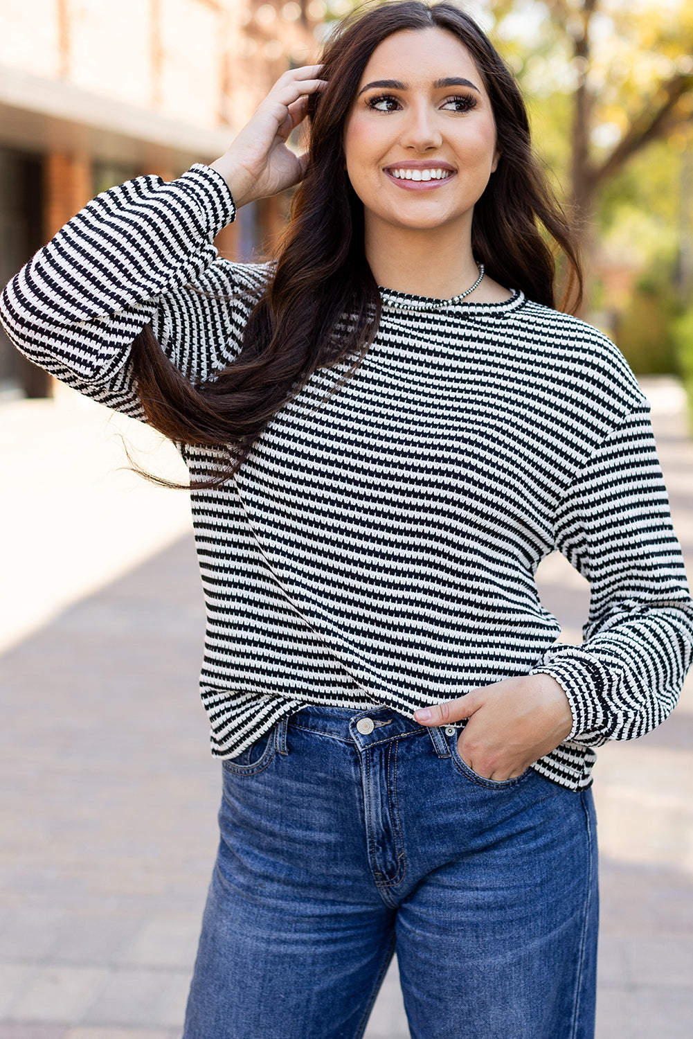 Rose Stripe Round Neck Drop Shoulder Long Sleeve Top-Tops/Long Sleeve Tops-[Adult]-[Female]-2022 Online Blue Zone Planet