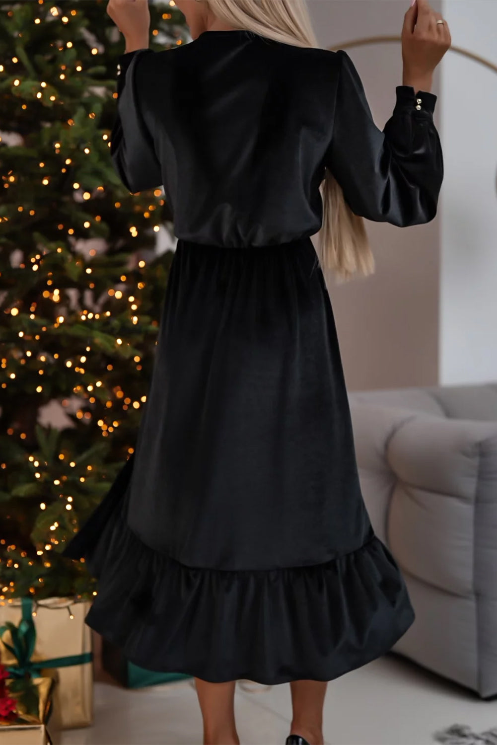 Blue Zone Planet | Black Velvet Buttoned Puff Sleeve V Neck Split Midi Dress-TOPS / DRESSES-[Adult]-[Female]-2022 Online Blue Zone Planet