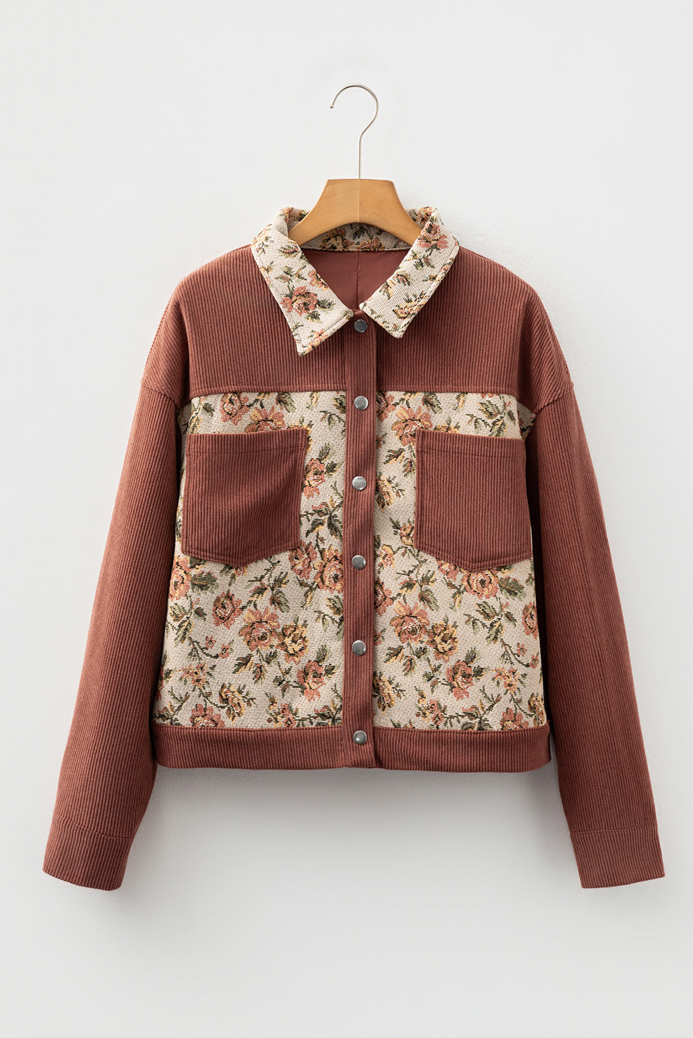 Clay Ribbed Retro Floral Patchwork Shirt Style Jacket-Outerwear/Jackets-[Adult]-[Female]-2022 Online Blue Zone Planet