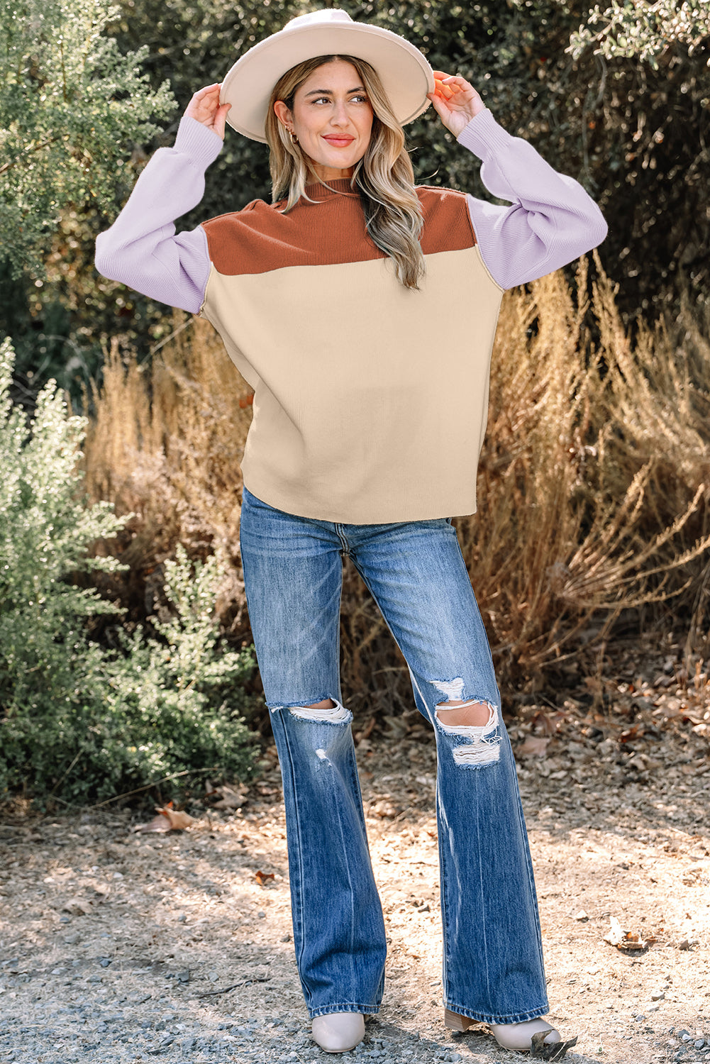 Khaki Color Block Plain Ribbed Knit Baggy Sweater-TOPS / DRESSES-[Adult]-[Female]-2022 Online Blue Zone Planet