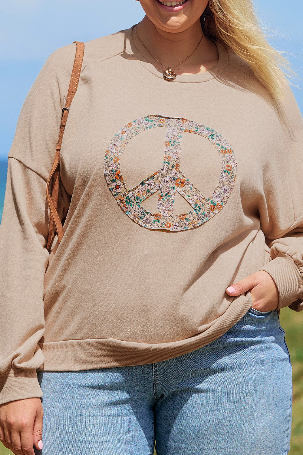 Blue Zone Planet | Pale Khaki Floral Peace Sign Graphic Washed Terry Plus Size Sweatshirt-TOPS / DRESSES-[Adult]-[Female]-2022 Online Blue Zone Planet