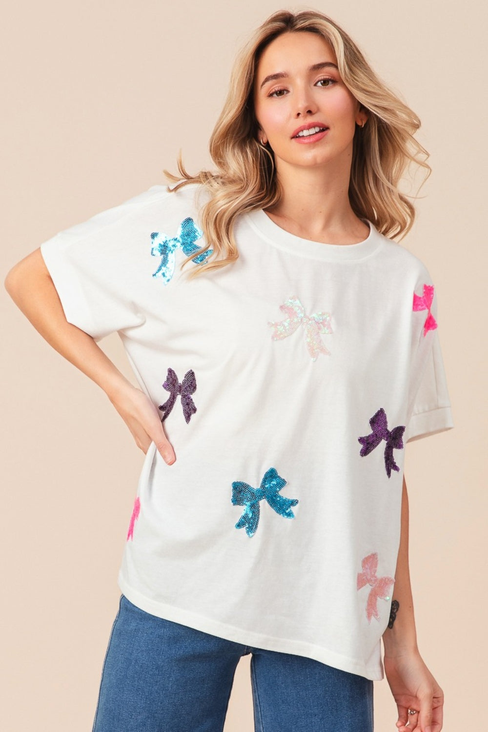 Blue Zone Planet | BiBi Sequin Bow Patch Short Sleeve T-Shirt-TOPS / DRESSES-[Adult]-[Female]-2022 Online Blue Zone Planet