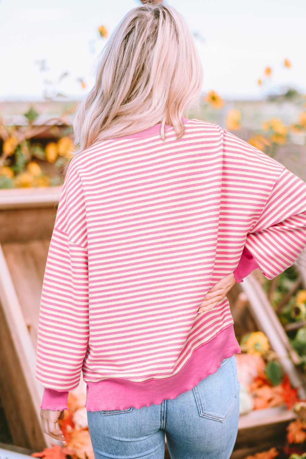 Pink Stripe Santa Clause Print Drop Shoulder Long Sleeve Loose Top-Graphic/Graphic Long Sleeve Tees-[Adult]-[Female]-2022 Online Blue Zone Planet