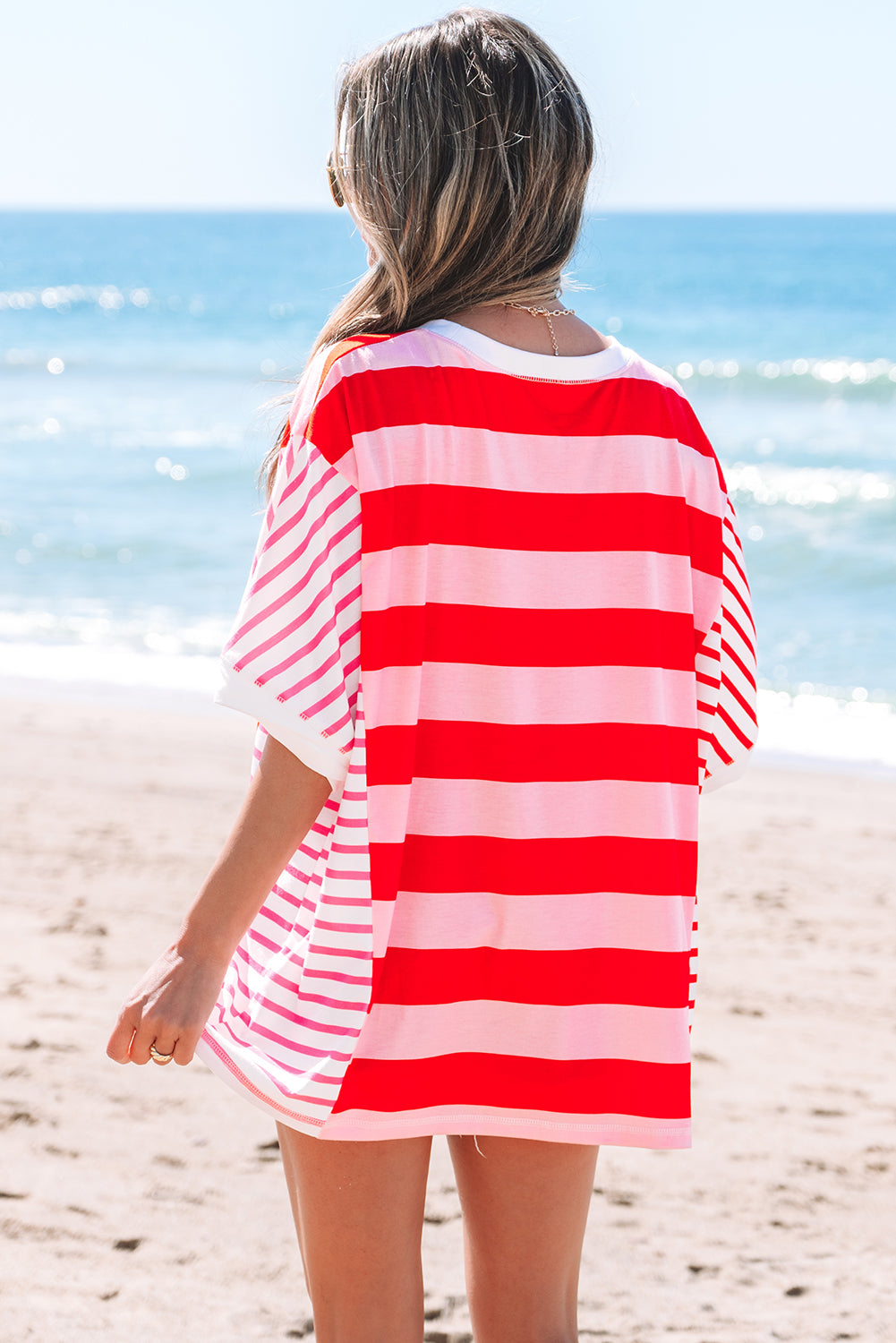 Pink Stripe Patchwork Round Neck Side Split Loose T Shirt-Tops/Tops & Tees-[Adult]-[Female]-2022 Online Blue Zone Planet