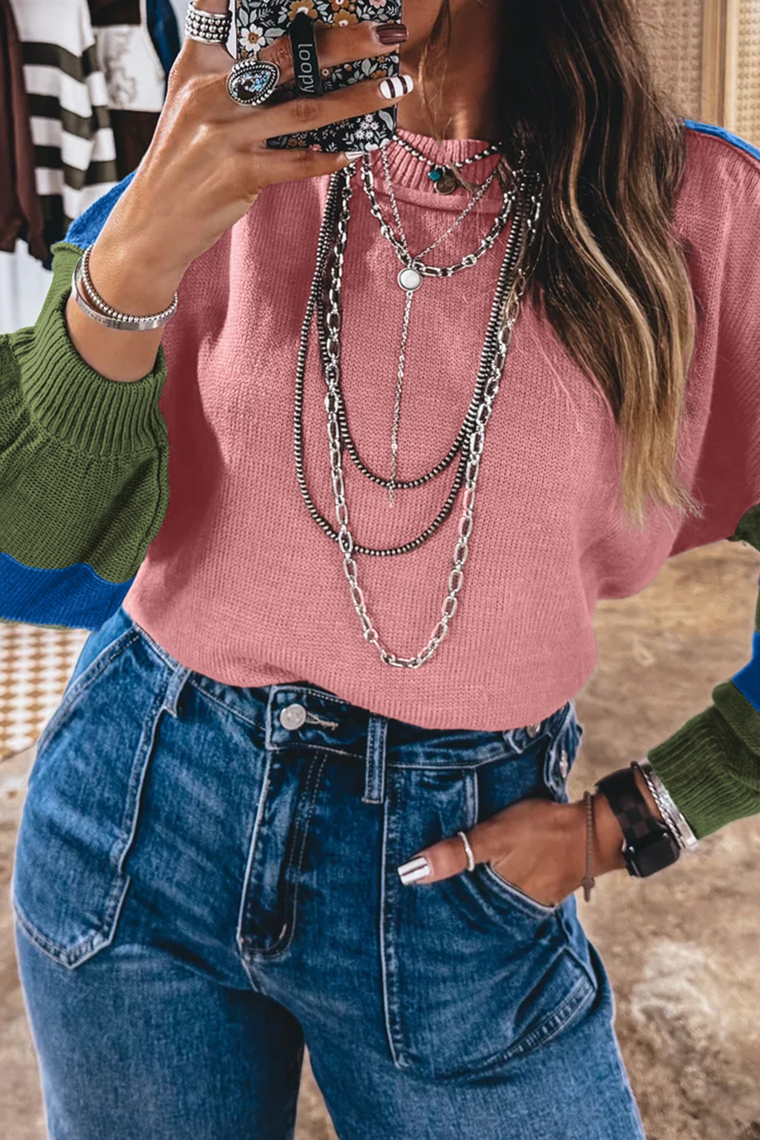 Multicolour Western Colorblock Patchwork Striped Long Sleeve Pullover Sweater-Sweaters & Cardigans/Sweaters-[Adult]-[Female]-2022 Online Blue Zone Planet