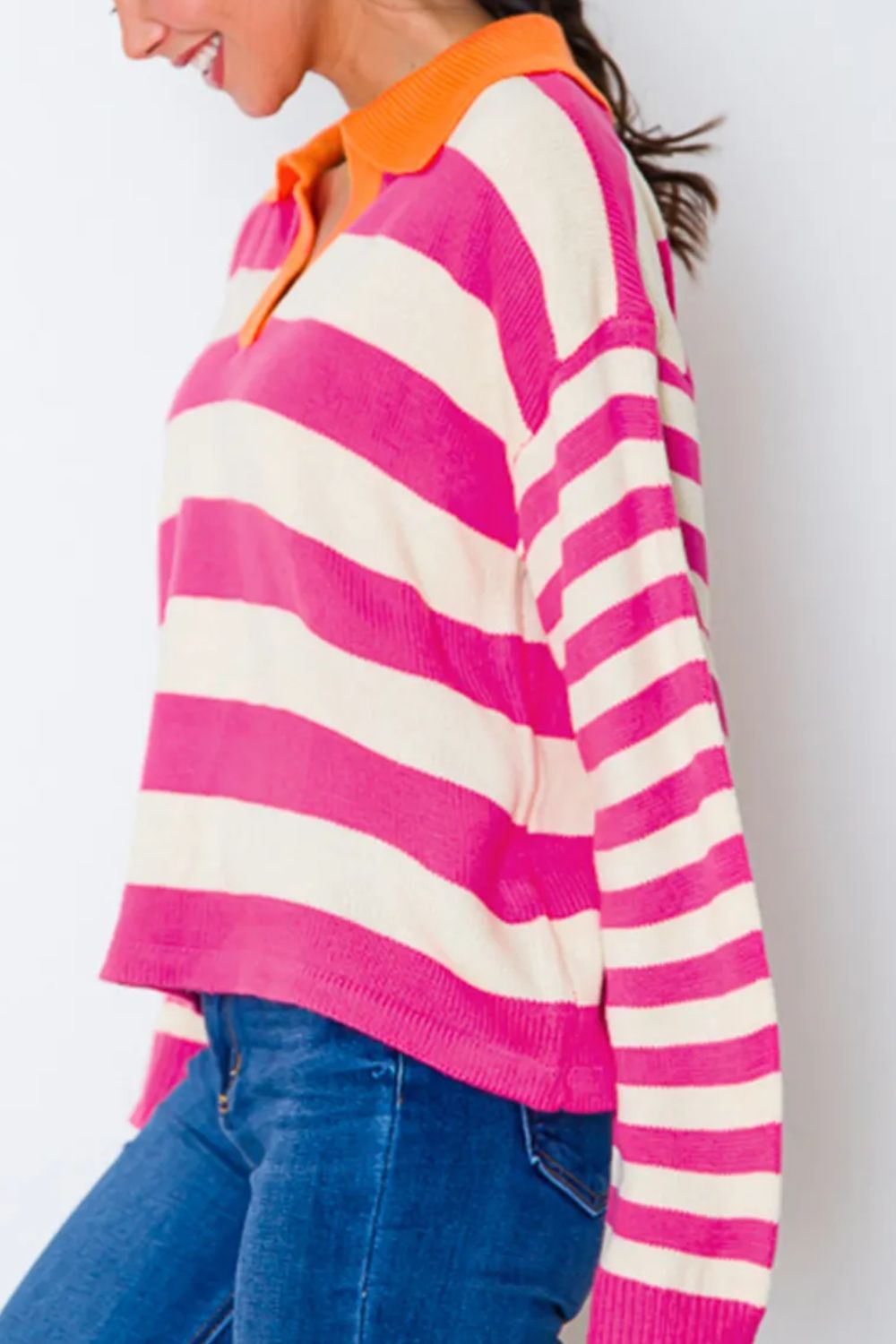 Contrast Stripes Johnny Collar Long Sleeve Sweater-TOPS / DRESSES-[Adult]-[Female]-2022 Online Blue Zone Planet