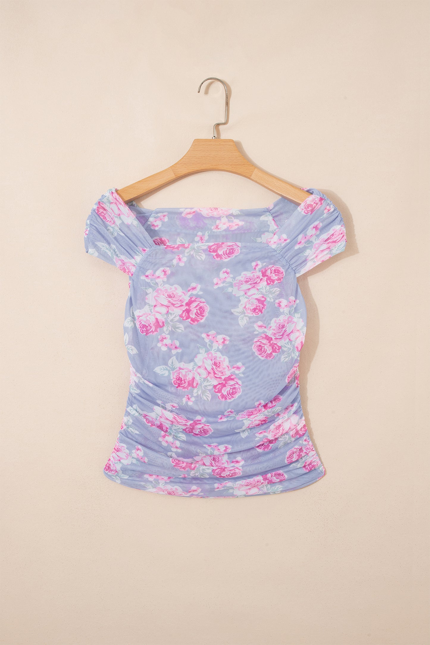 Sky Blue Square Neck Cap Sleeve Ruched Floral Mesh Top-Tops/Tops & Tees-[Adult]-[Female]-2022 Online Blue Zone Planet