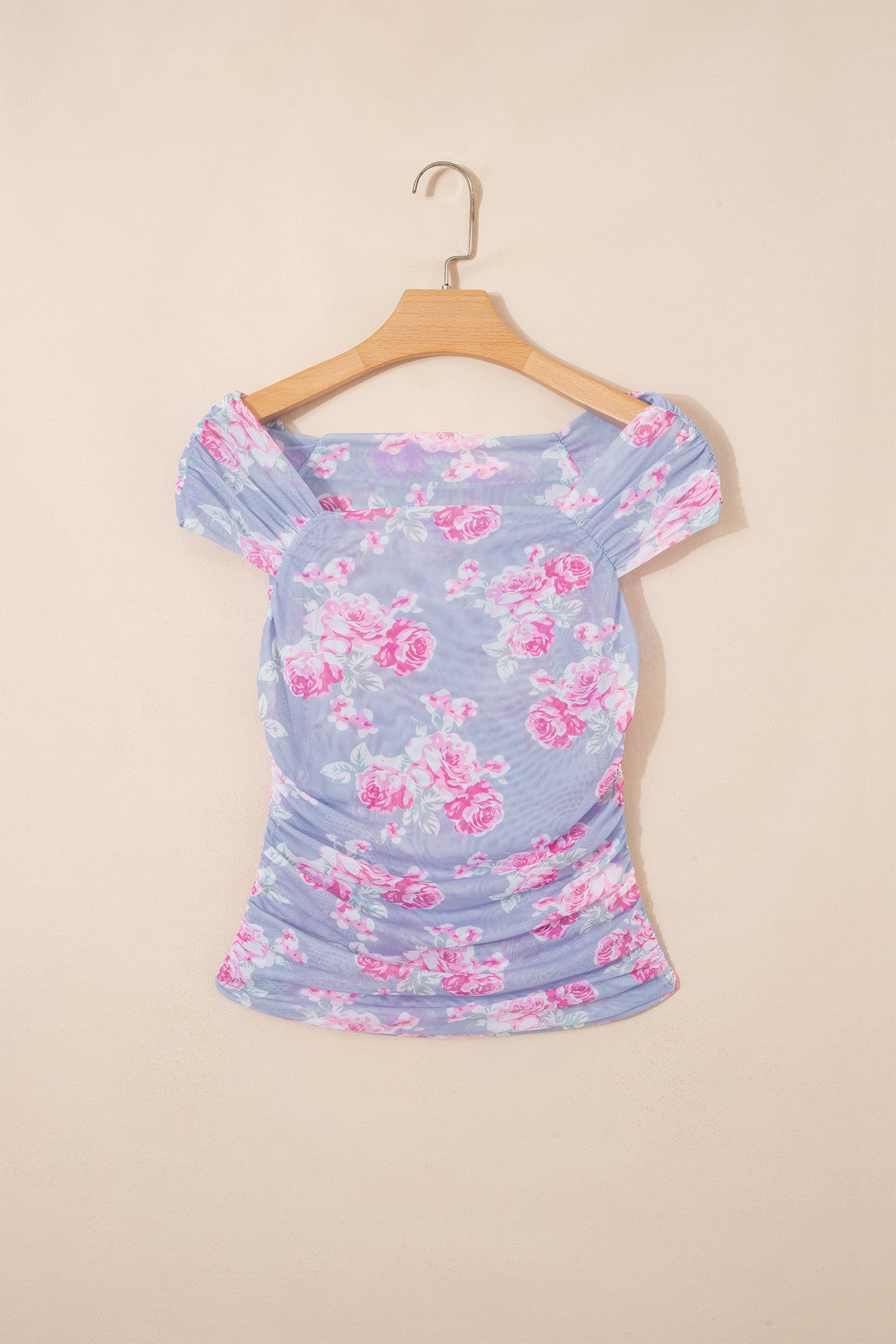 Sky Blue Square Neck Cap Sleeve Ruched Floral Mesh Top-Tops/Tops & Tees-[Adult]-[Female]-2022 Online Blue Zone Planet