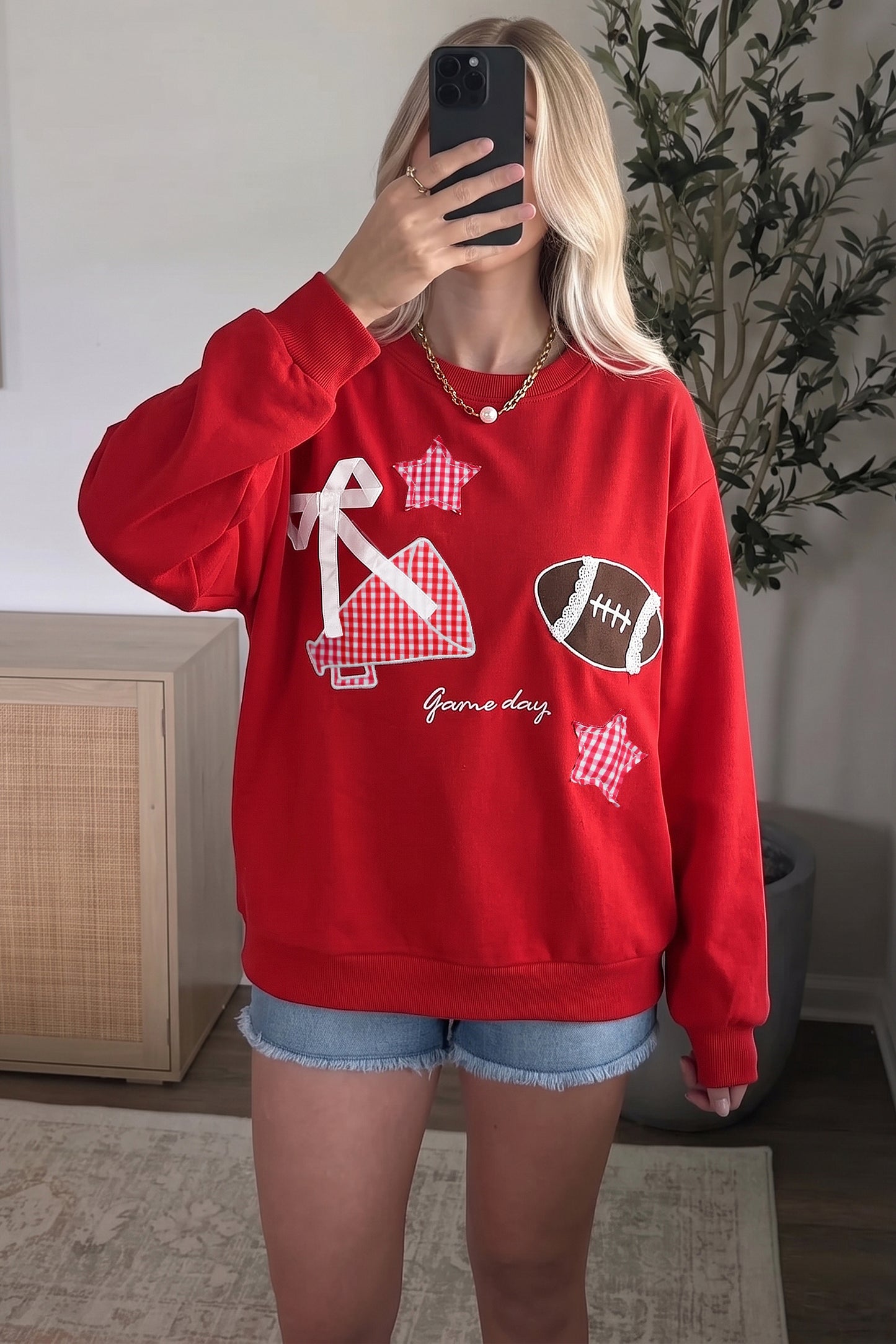 Racing Red Gingham Patch Embroidered Rugby Game Day Stars Sweatshirt