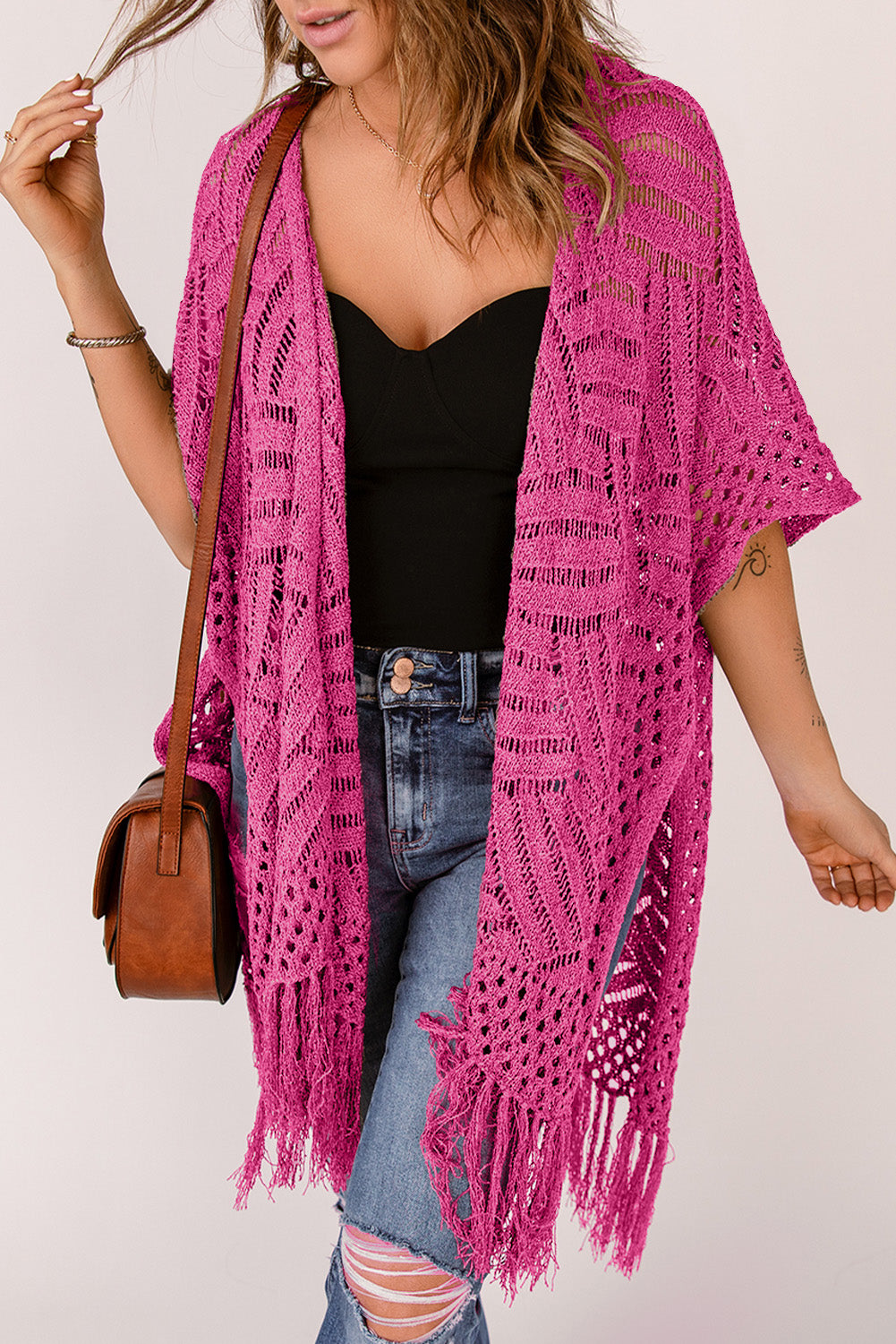 Blue Zone Planet | Openwork Open Front Cardigan with Fringes-TOPS / DRESSES-[Adult]-[Female]-Hot Pink-One Size-2022 Online Blue Zone Planet