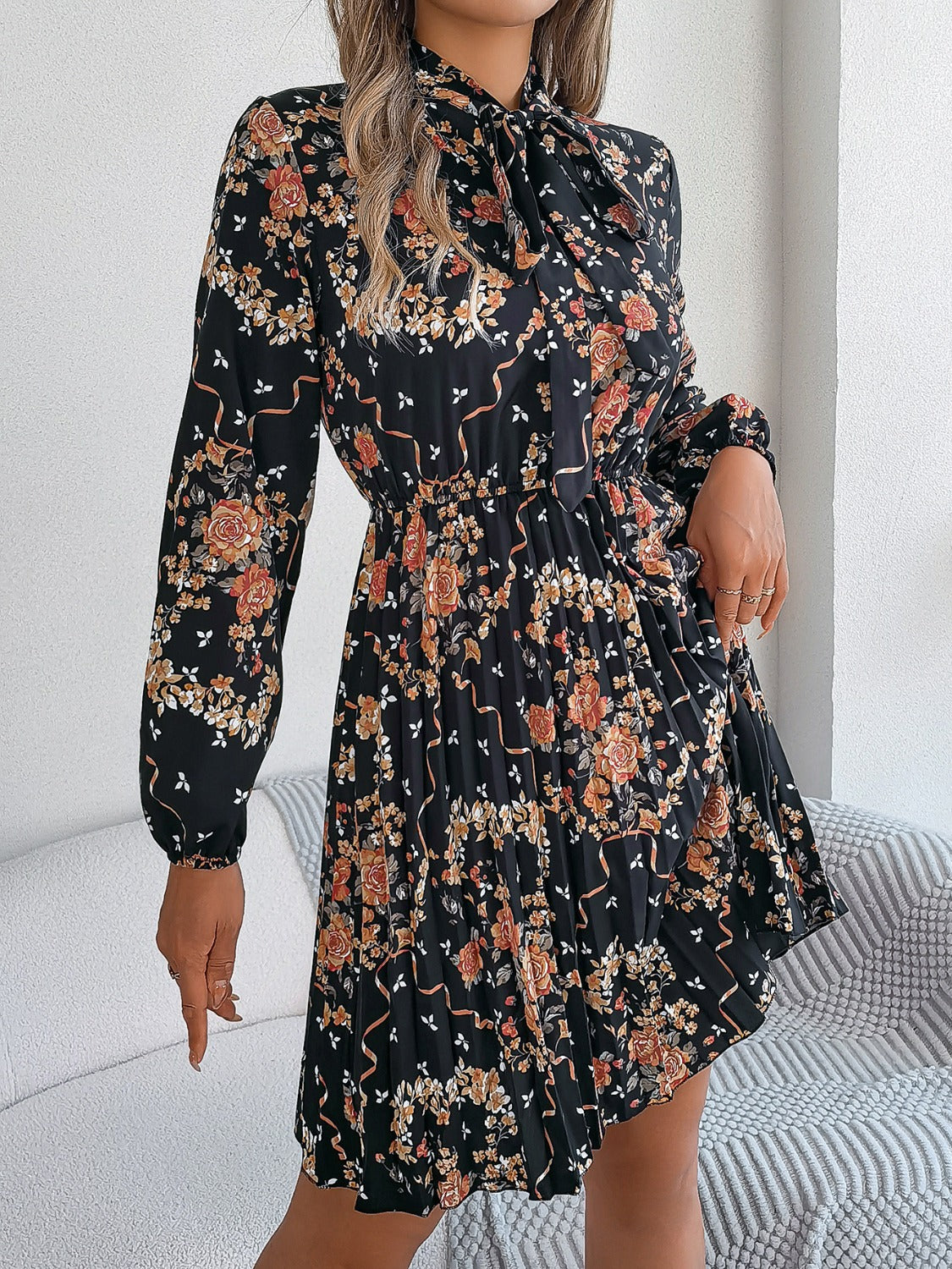 Pleated Printed Tie Neck Long Sleeve Dress-TOPS / DRESSES-[Adult]-[Female]-2022 Online Blue Zone Planet