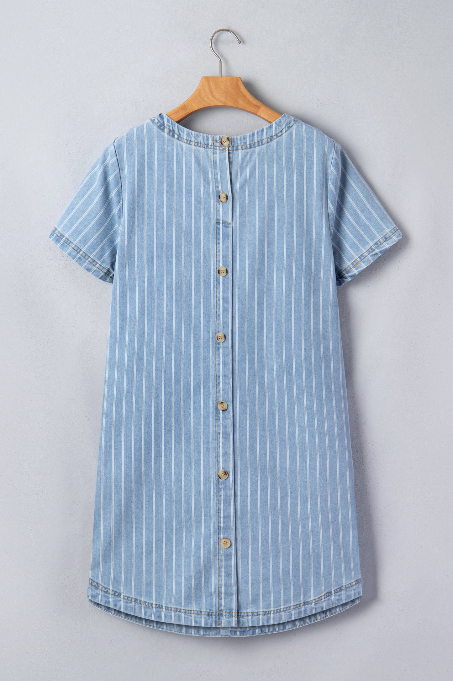 Sky Blue Stripe Buttoned Back T-Shirt Denim Mini Dress-TOPS / DRESSES-[Adult]-[Female]-2022 Online Blue Zone Planet