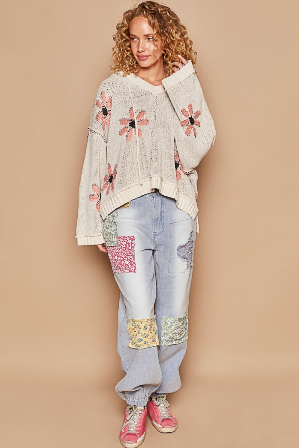 POL Floral Pattern Hooded High-Low Sweater-Tops / Dresses-[Adult]-[Female]-2022 Online Blue Zone Planet