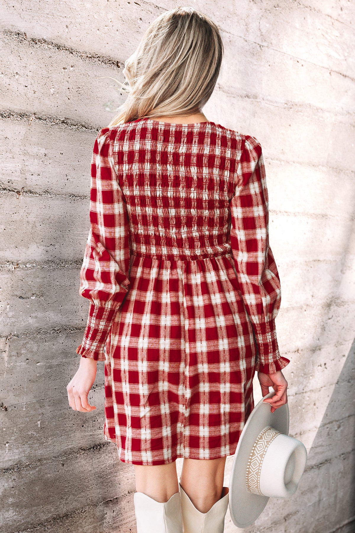 Red Plaid Print Smocked Puff Sleeve Mini Dress-TOPS / DRESSES-[Adult]-[Female]-2022 Online Blue Zone Planet