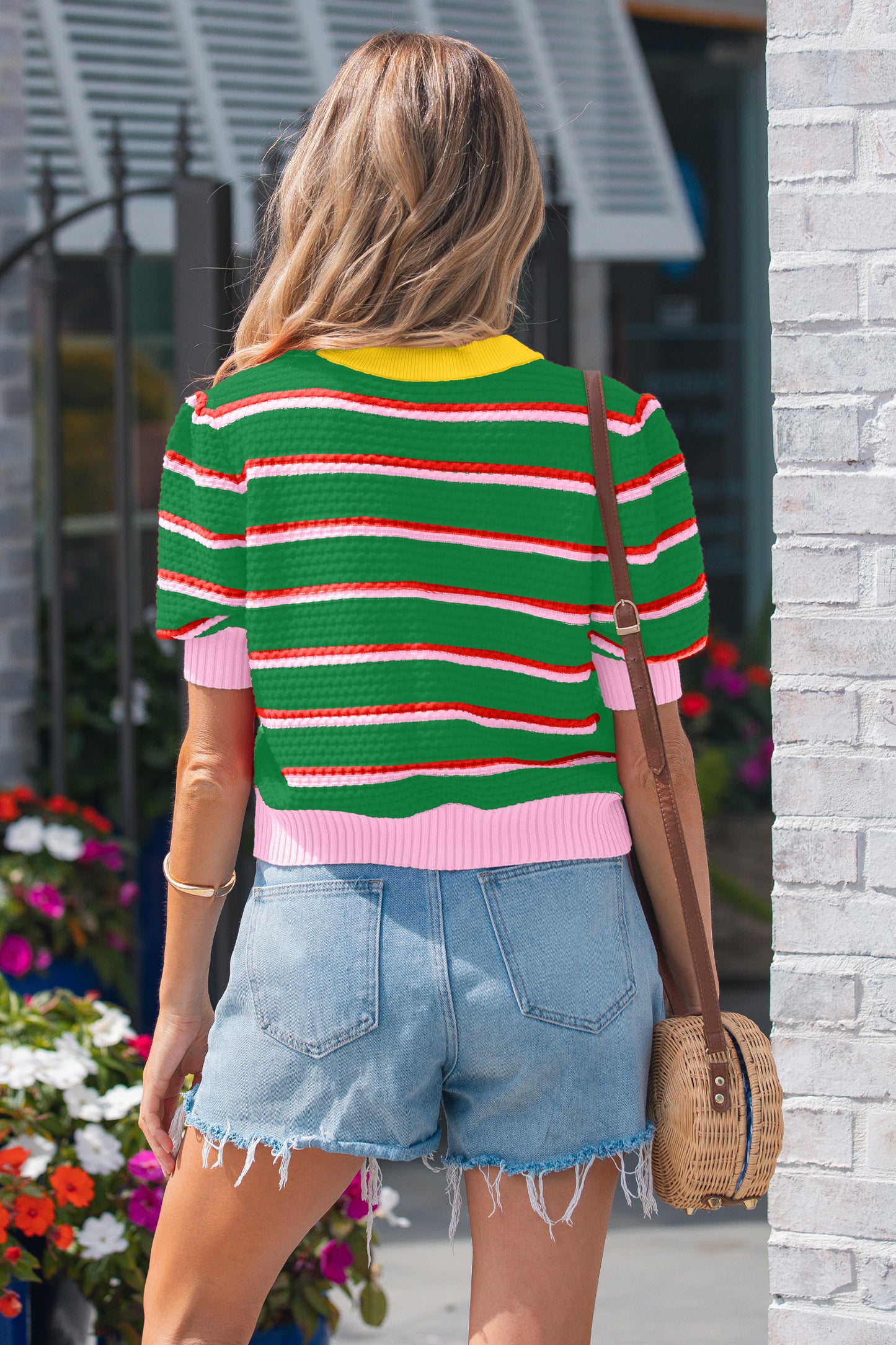 Green Stripe Colorblock Trim Half Sleeve Sweater Top-TOPS / DRESSES-[Adult]-[Female]-2022 Online Blue Zone Planet