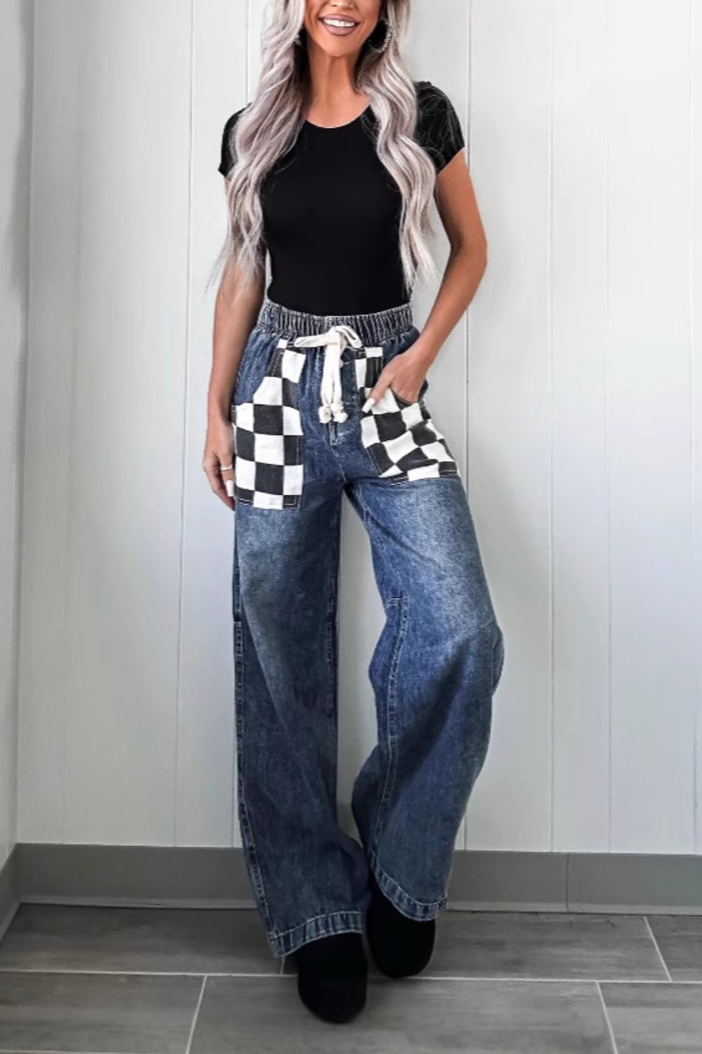Checkered Wide Leg Jeans-BOTTOM SIZES SMALL MEDIUM LARGE-[Adult]-[Female]-2022 Online Blue Zone Planet