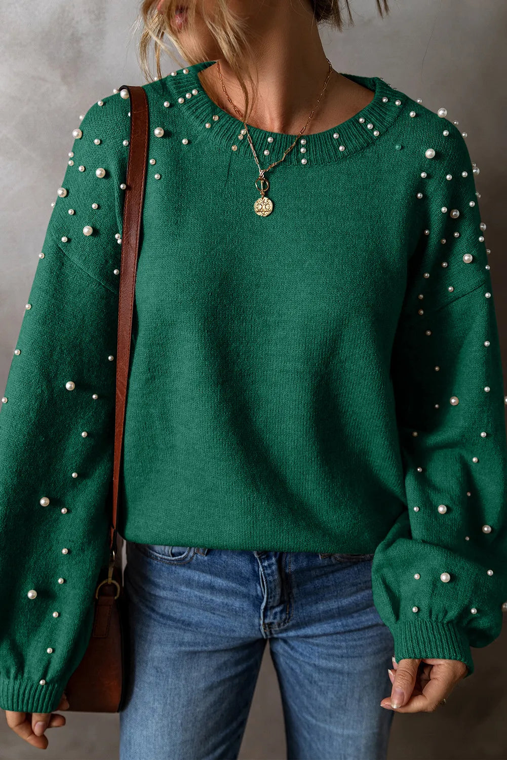 Blue Zone Planet | Pearl Detail Round Neck Long Sleeve Sweater-TOPS / DRESSES-[Adult]-[Female]-Dark Green-M-2022 Online Blue Zone Planet