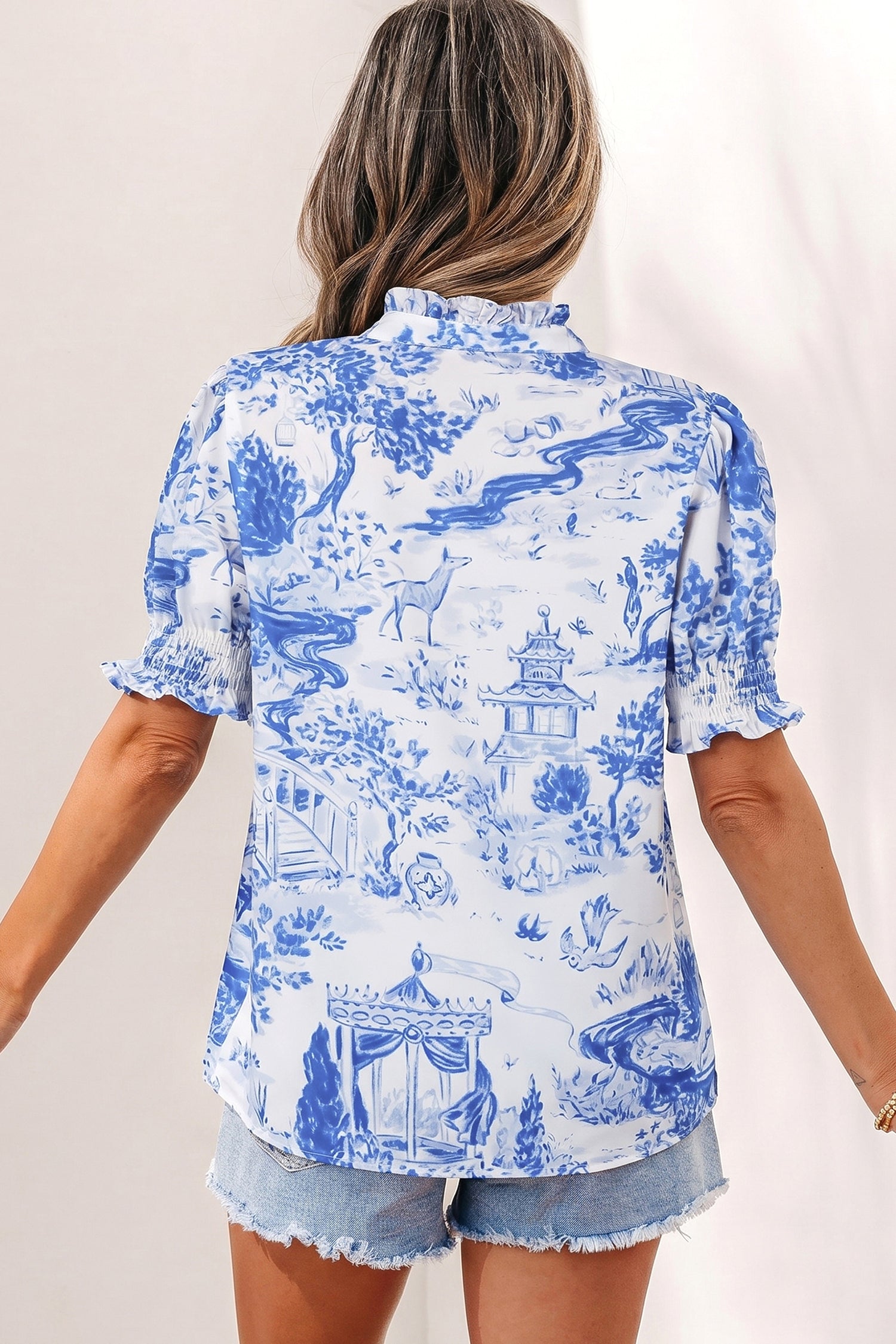 Blue Wild Animal Paradise Striped Detail V Neck Blouse-Tops/Blouses & Shirts-[Adult]-[Female]-2022 Online Blue Zone Planet