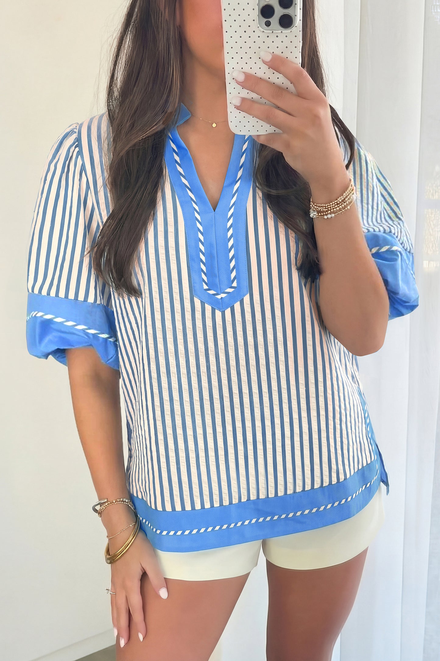 Sky Blue Stripe Color Block Detail V Neck Short Sleeve Blouse-Tops/Blouses & Shirts-[Adult]-[Female]-Sky Blue Stripe-S-2022 Online Blue Zone Planet