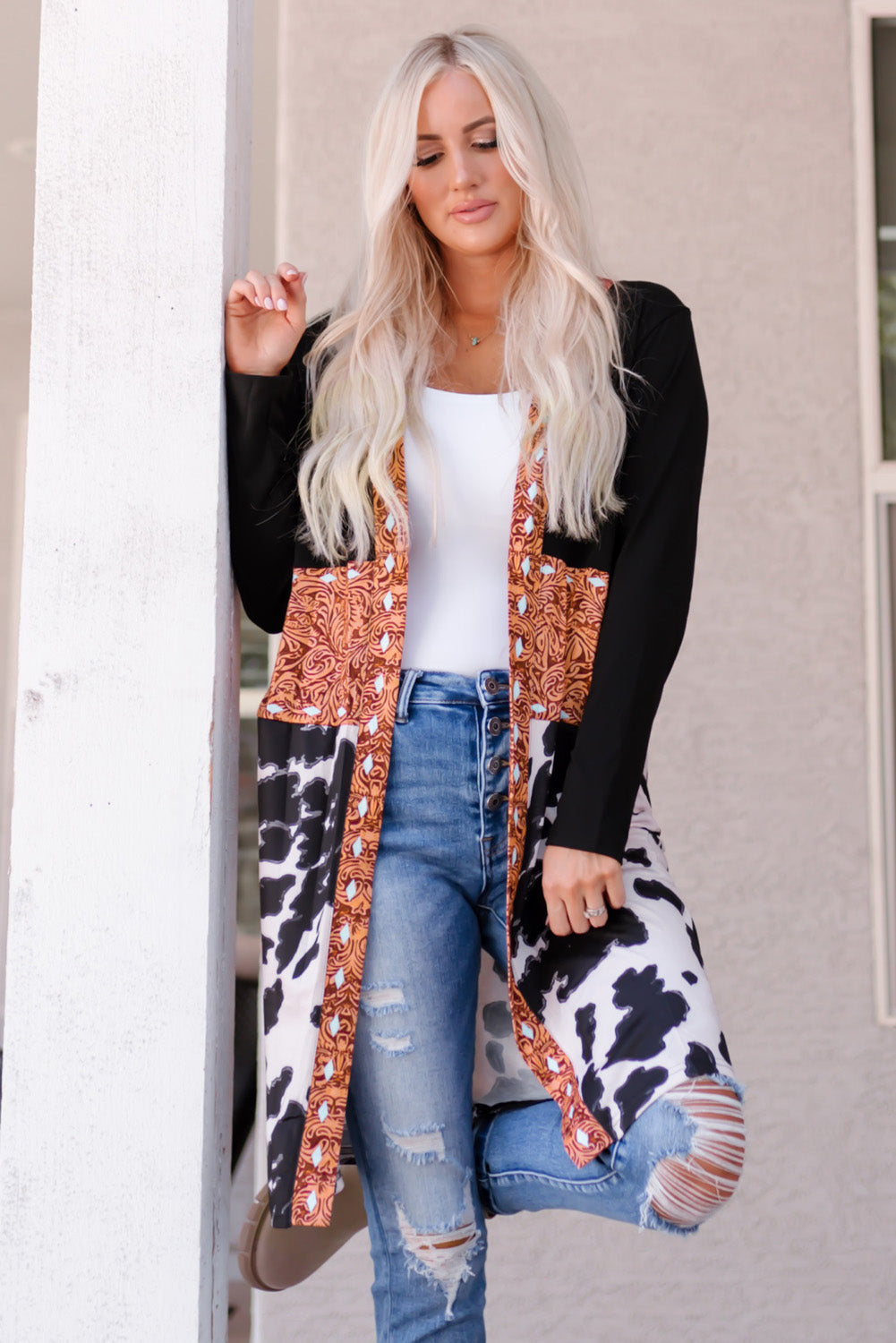 Black Western Pattern Cow Patchwork Open Front Cardigan-Sweaters & Cardigans/Cardigans-[Adult]-[Female]-2022 Online Blue Zone Planet