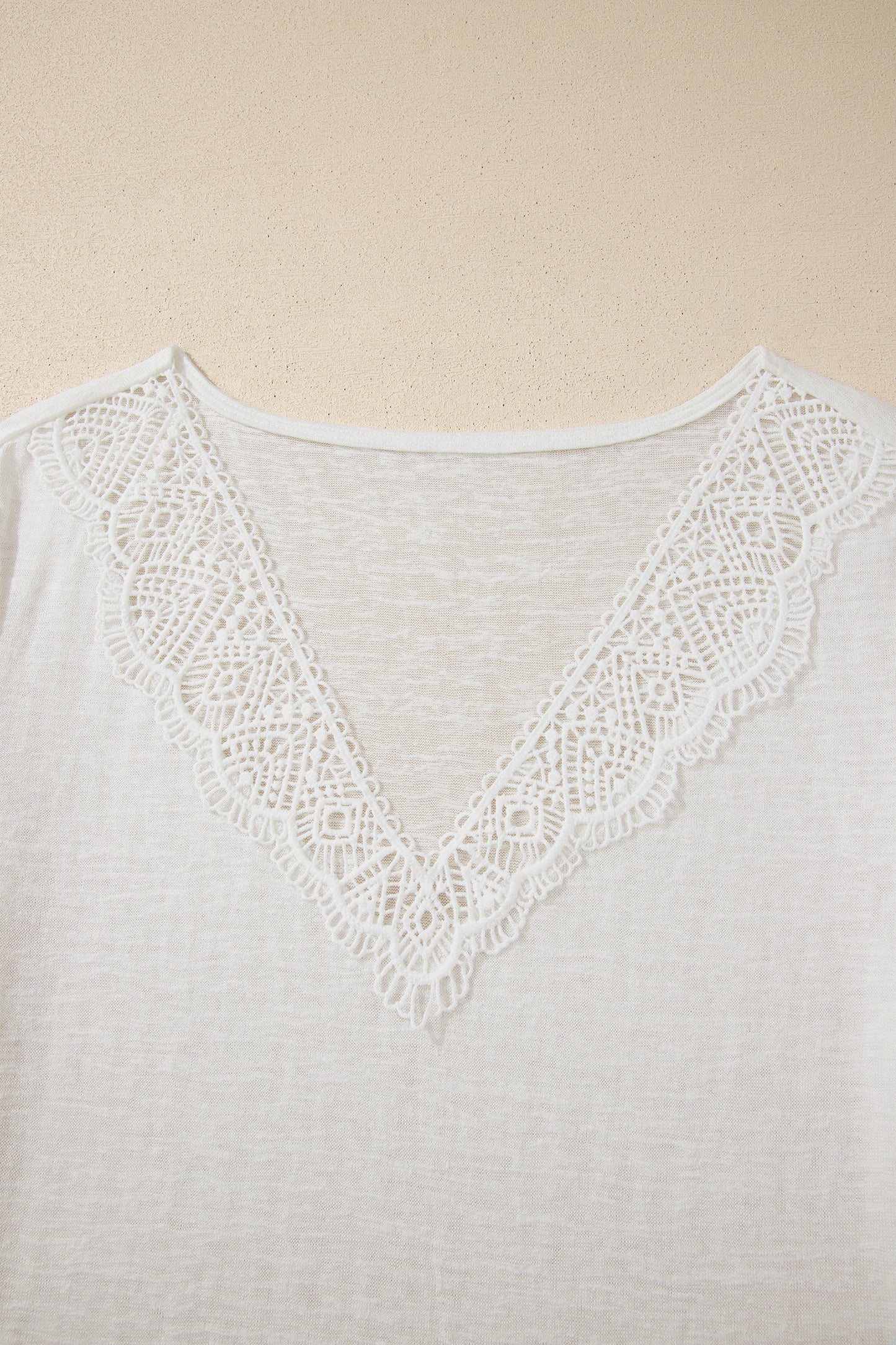 White Hollowed Lace Splicing V Neck T Shirt-Tops/Tops & Tees-[Adult]-[Female]-2022 Online Blue Zone Planet