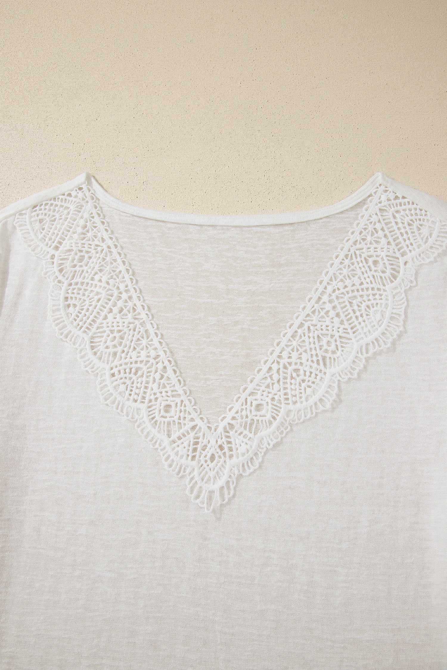 White Hollowed Lace Splicing V Neck T Shirt-Tops/Tops & Tees-[Adult]-[Female]-2022 Online Blue Zone Planet